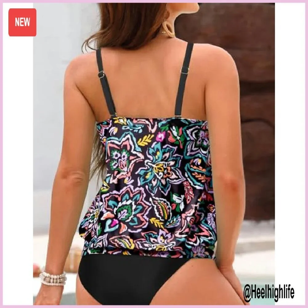 Blouson Tankini Top Loose Fit Modest Swimwear Adjustable Straps - Picture 7 of 8